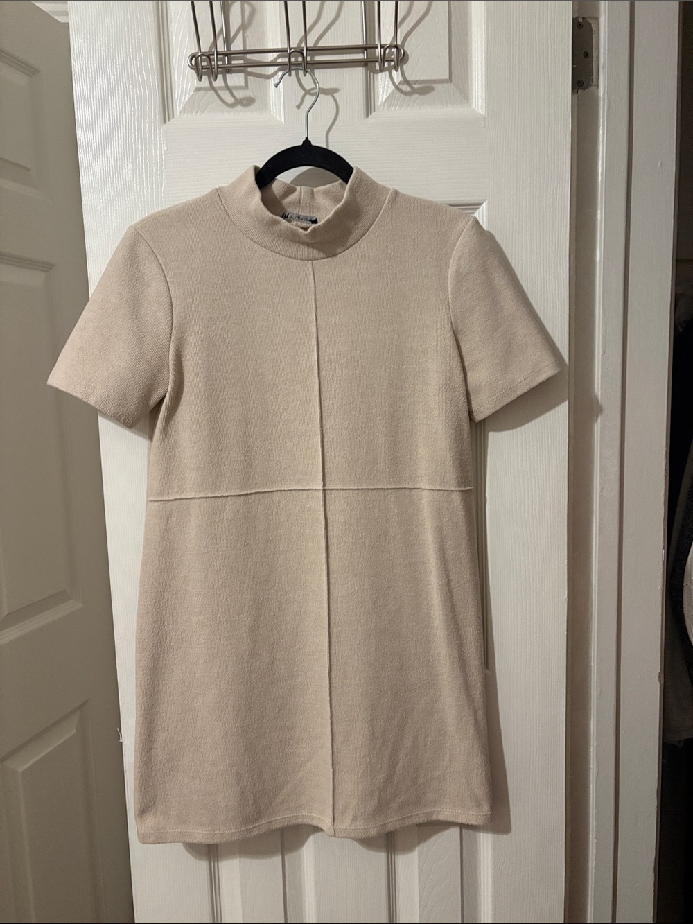 Zara Cream Mock Neck Short-Sleeve Mini Dress